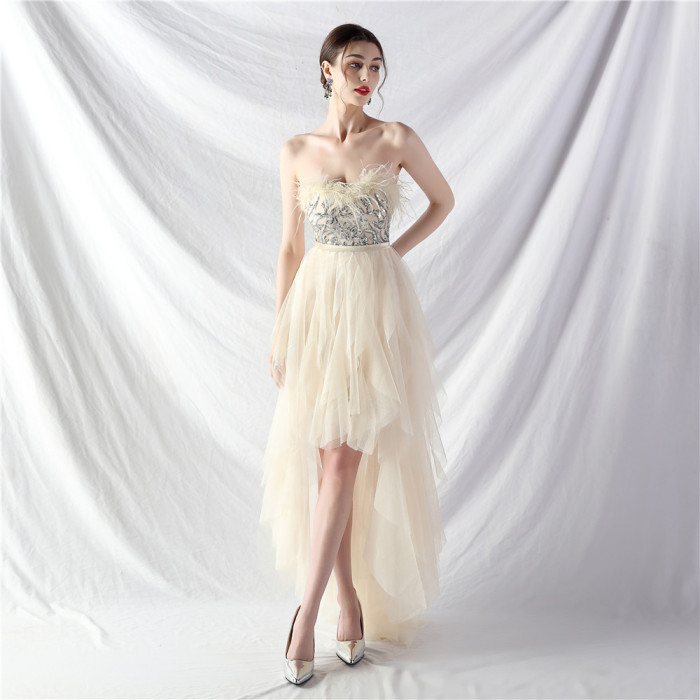 Women ostrich feather sequin mesh wrap chest evening dress
