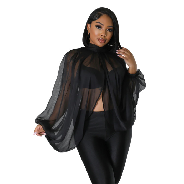 Women's Summer Lace-Up Printed Chiffon Shirt Bat Sleeves Top