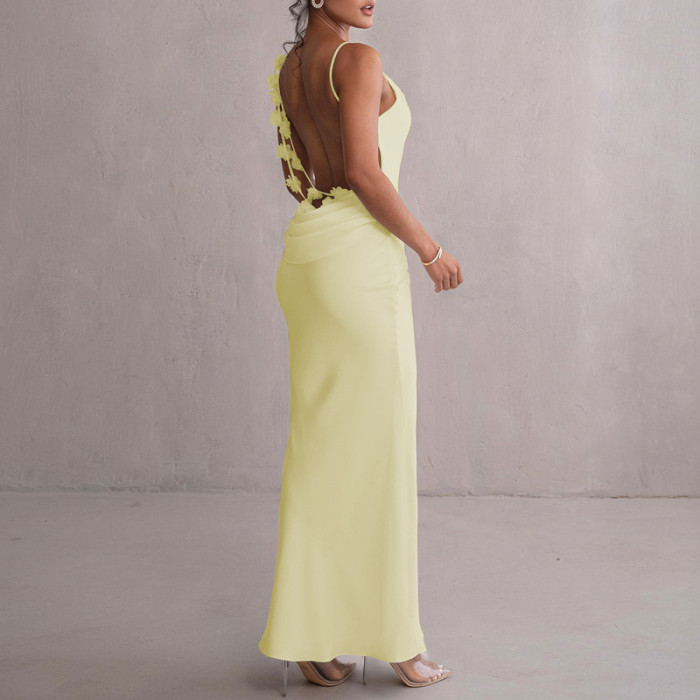 Women Summer Floral Decoration Backless Strap Dress
