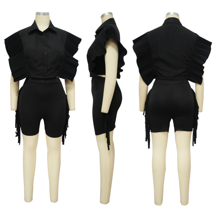 Women Solid Turndown Collar Ruffle Sleeve Shirt