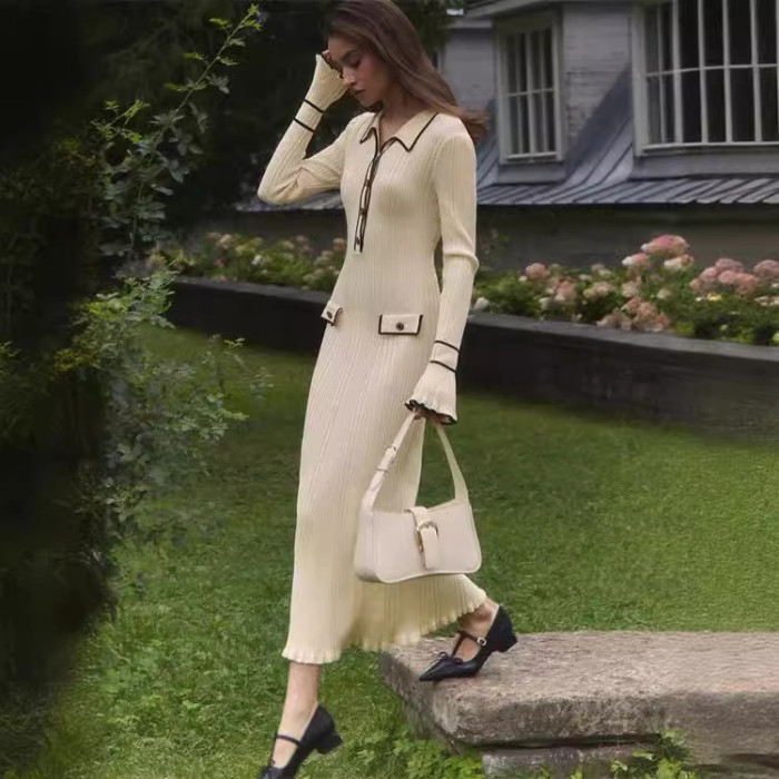 autumn winter sweater dress Turndown Collar Tight Fitting Midi ruffled knitting dress