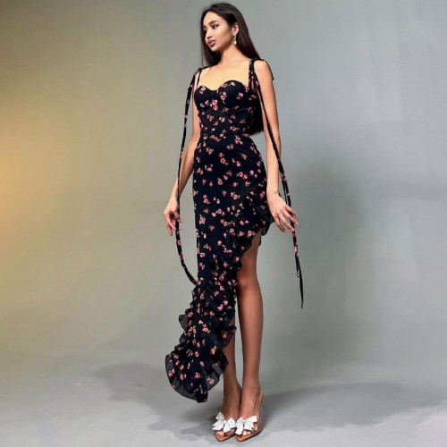 Women Summer Printed Sexy Mesh Lace-up Dress