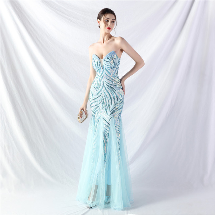 Sequin Mesh Patchwork Strapless Mermaid Evening Dress