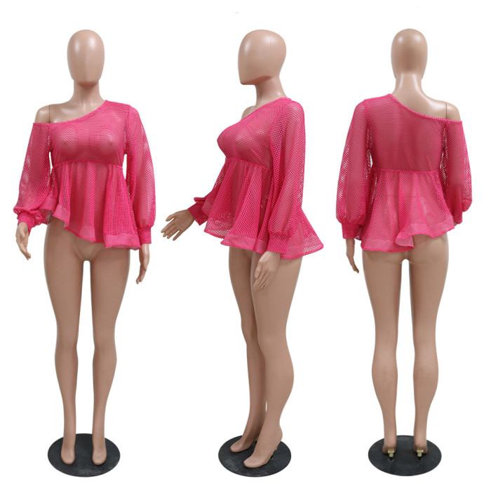 Slash Shoulder Loose Mesh Top Fashion See-Through Style Long Sleeve T-Shirt Women