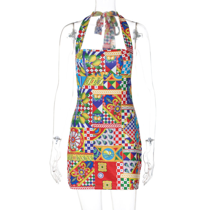 Summer Women's Fashion Printed Sexy Halter Neck Low Back Dress