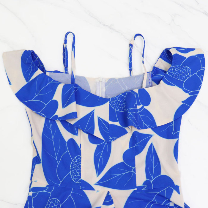 Women Printed Off Shoulder Strap High Slit Long Dress