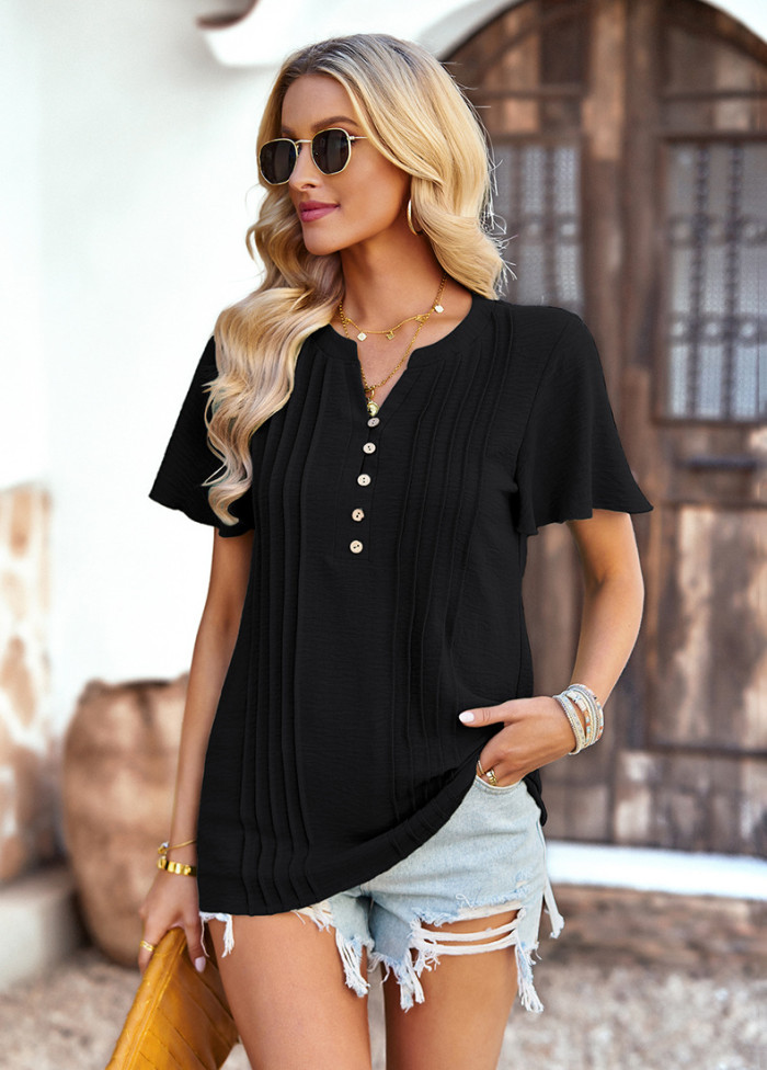 Solid color v-neck shirt women's summer loose casual short-sleeved top