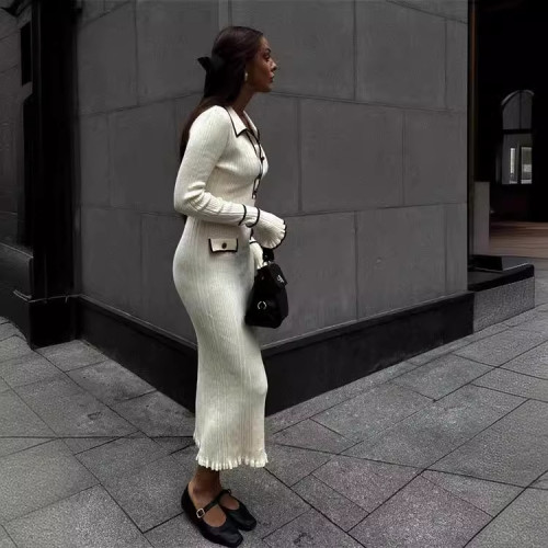 autumn winter sweater dress Turndown Collar Tight Fitting Midi ruffled knitting dress