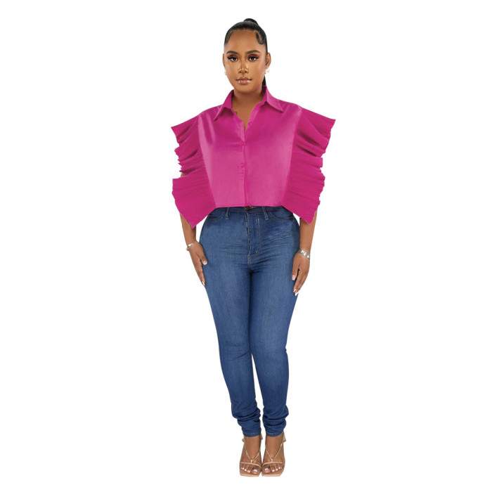 Women Solid Turndown Collar Ruffle Sleeve Shirt