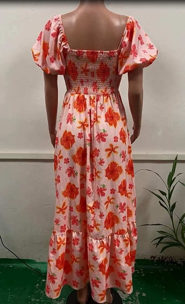 Women summer puff sleeve square neck printed dress