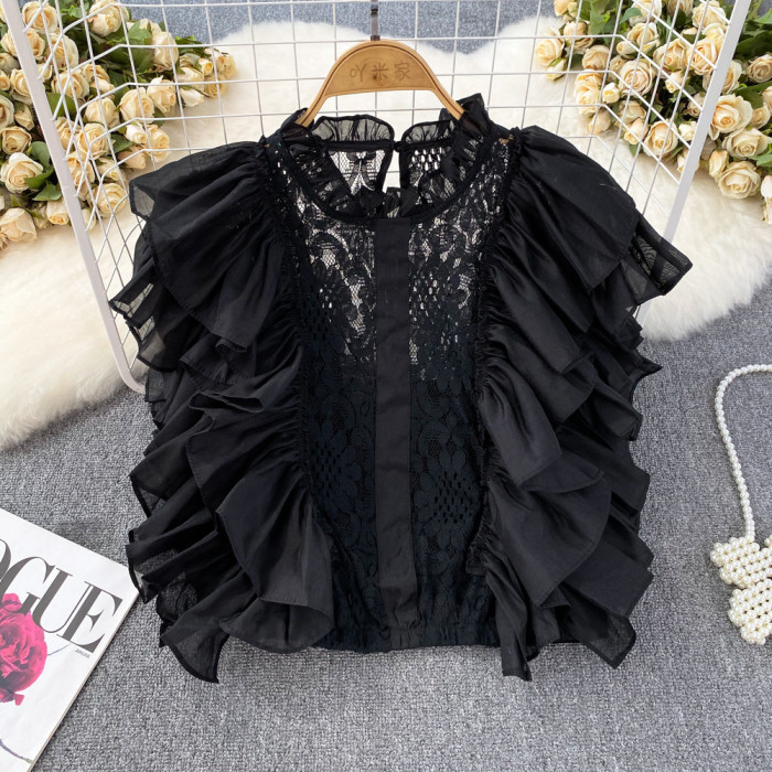 Summer High Sense French Ruffle Patchwork Crochet Hollow Stand Collar Lace Shirt