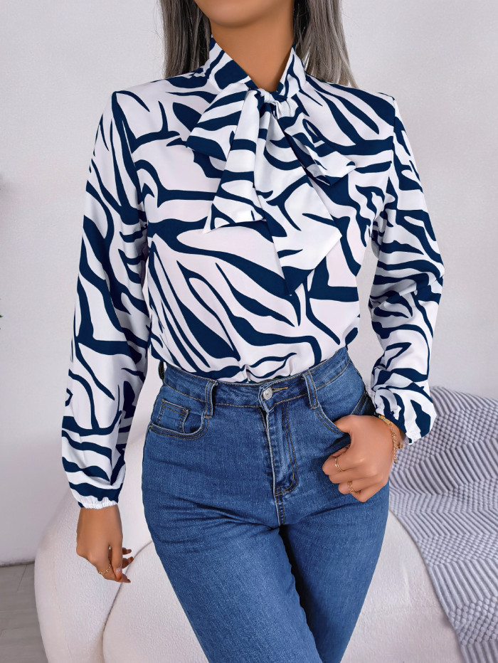 Autumn And Winter Chic Color Contrast Striped Tie Lantern Sleeve Chiffon Shirt Women's Clothing