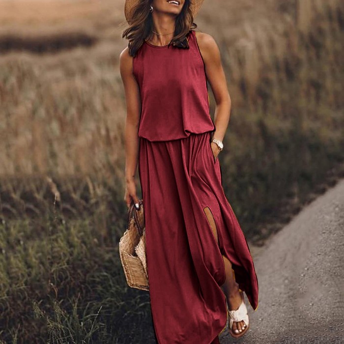 Summer Women's Trendy Retro Round Neck Sleeveless Slit Solid Color Casual Dress