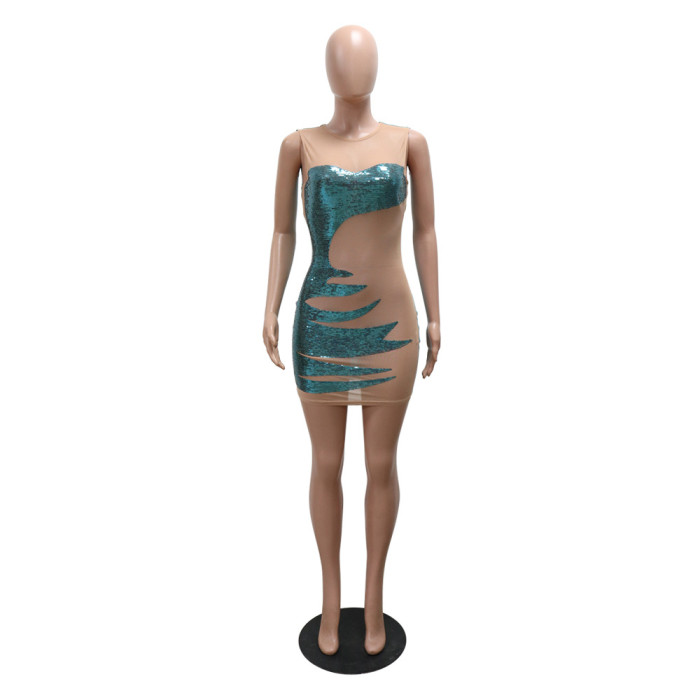 Women Round Neck See-Through Sequin Bodycon Dress