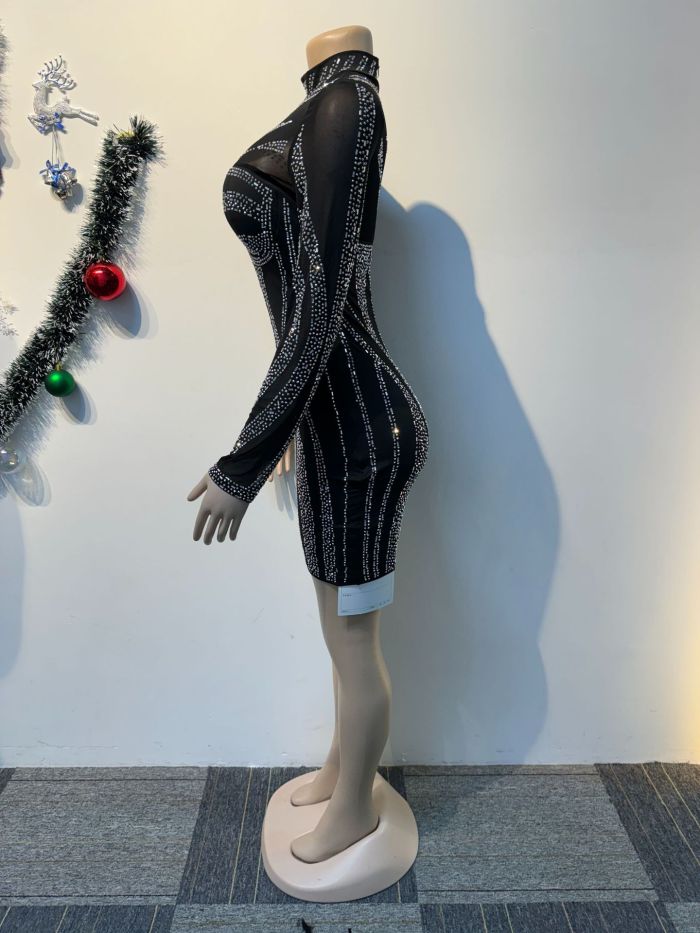 Sexy See-Through Beaded Mesh long sleeve Bodycon club dress