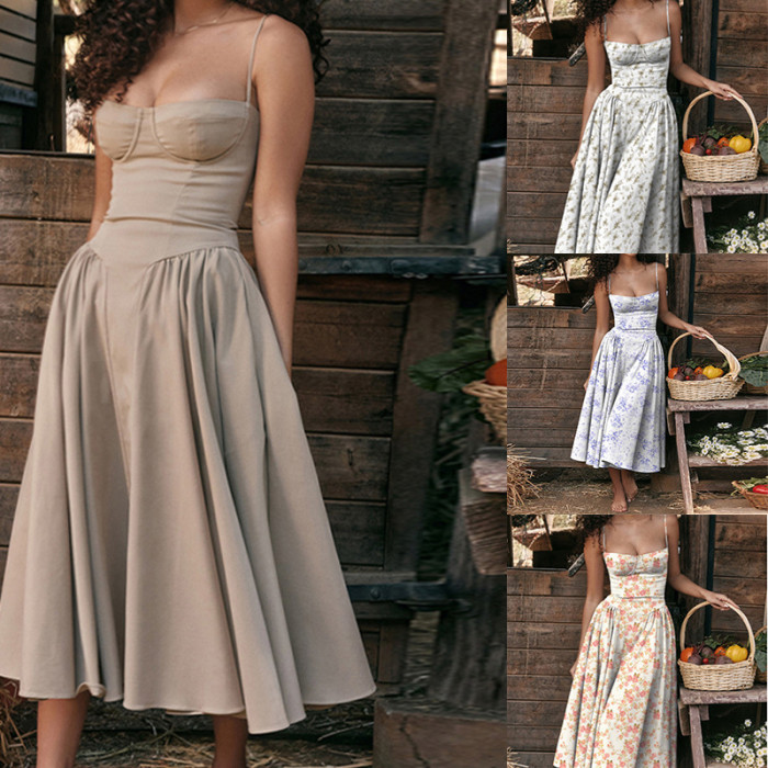 Fashionable Sexy Solid Color Strap A-line Dress