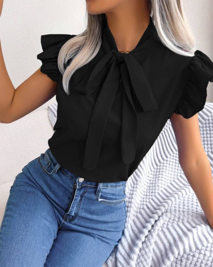 Women'S Summer Solid Color Simple Bowknot Short Sleeve Shirt