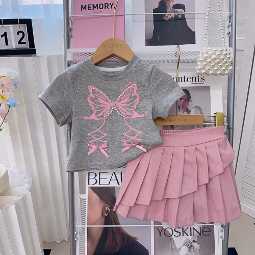 baby suit summer new pearl bow short sleeve pleated skirt two pieces set