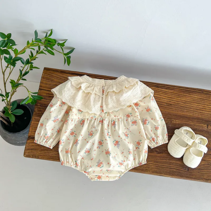 long sleeve lace collar small floral baby romper