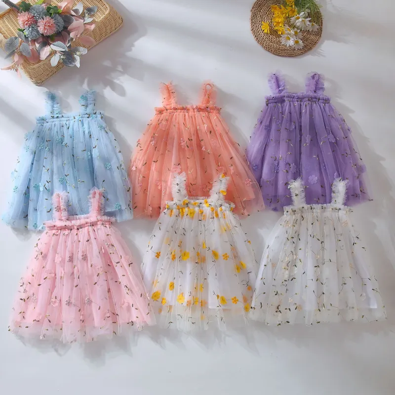 Small flower suspender sweet princess dress mesh bubble skirt girls dress