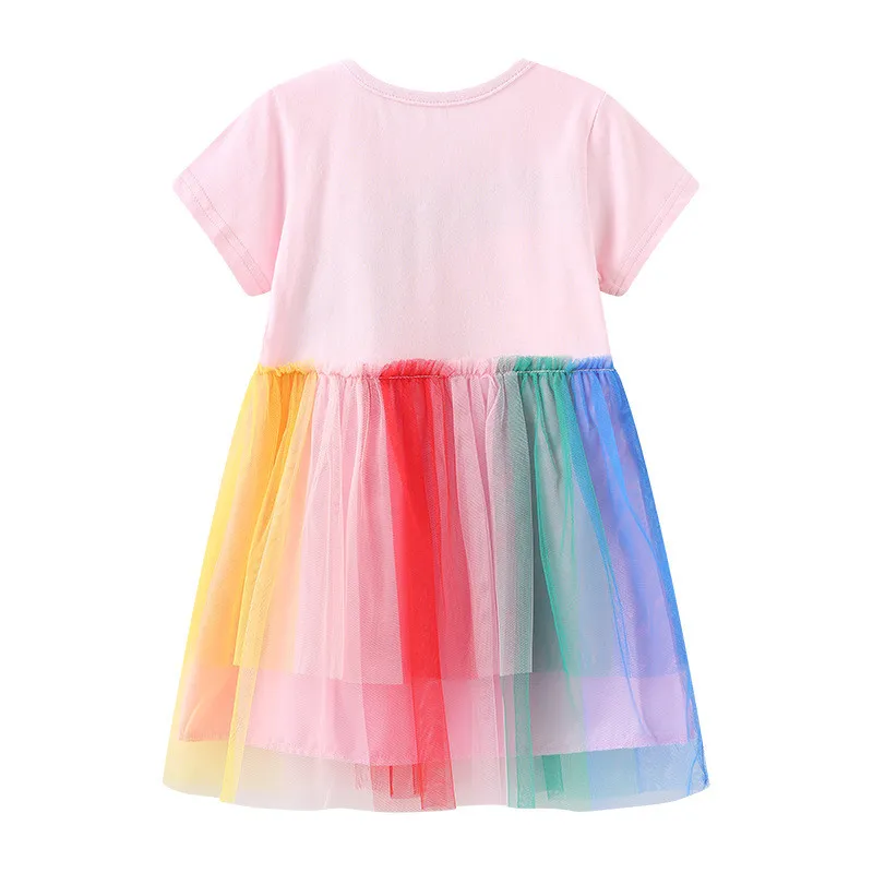 Printed mesh princess dress round neck children's colorful gauze dress