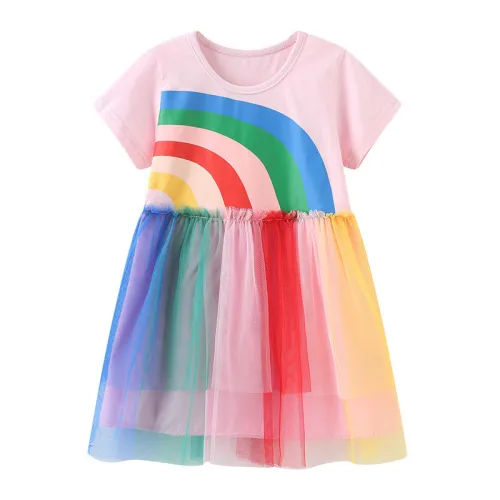 Printed mesh princess dress round neck children's colorful gauze dress