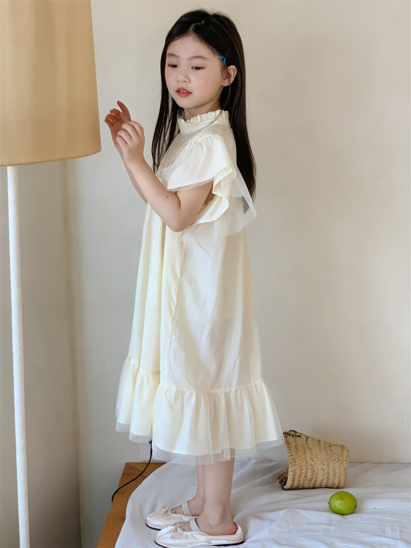 Solid color sweet skirt baby girl stitching mesh sleeveless dress