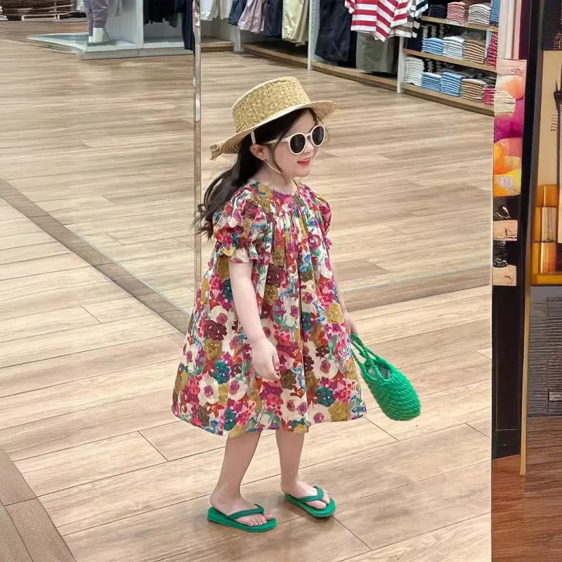 Girls Summer Oil Painting Floral Retro Pastoral Princess Loose Flower Dress