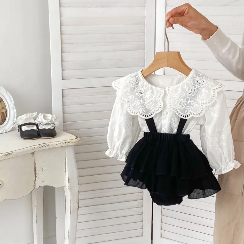 Girl baby solid color big lapel shirt strap bag pants baby suit