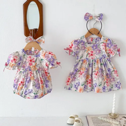 Short sleeve lace sisters outfit baby girl flower dress rompers