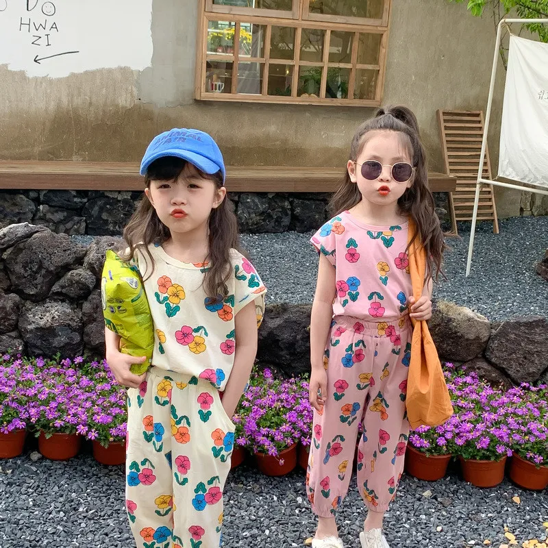 Girls' vest cropped pants two-piece Children's loose Flower sisters outfit