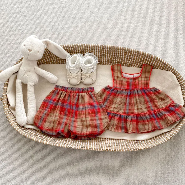 Girls' Plaid sling top bud-waisted shorts two-piece set
