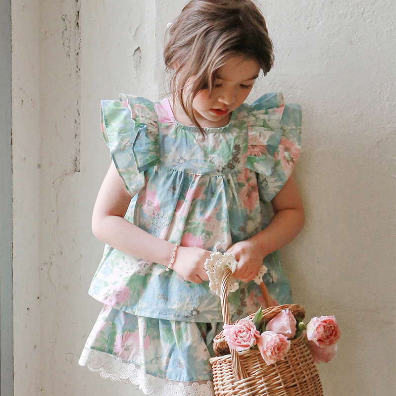Summer children's clothing girls' fashionable retro flower shirt