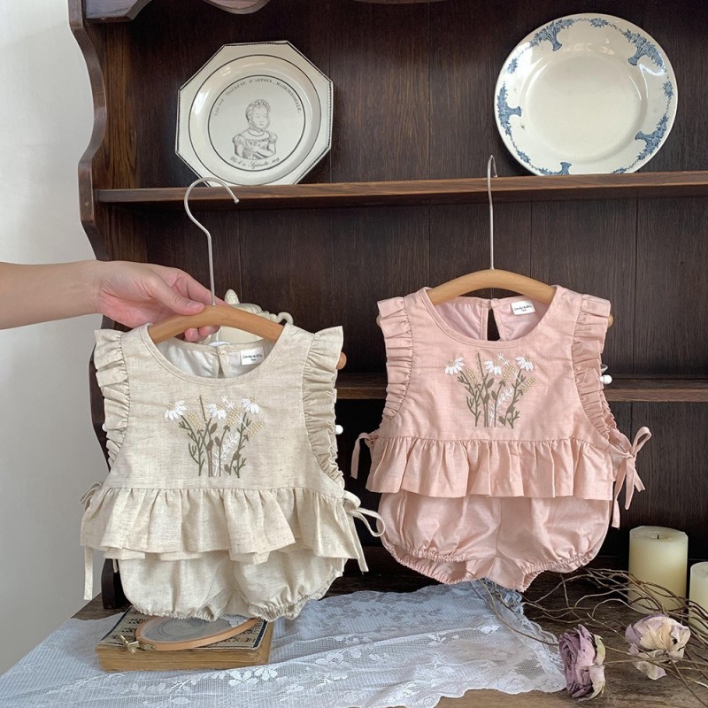 Cotton and linen lace-up vest pumpkin shorts 2 Pieces suit