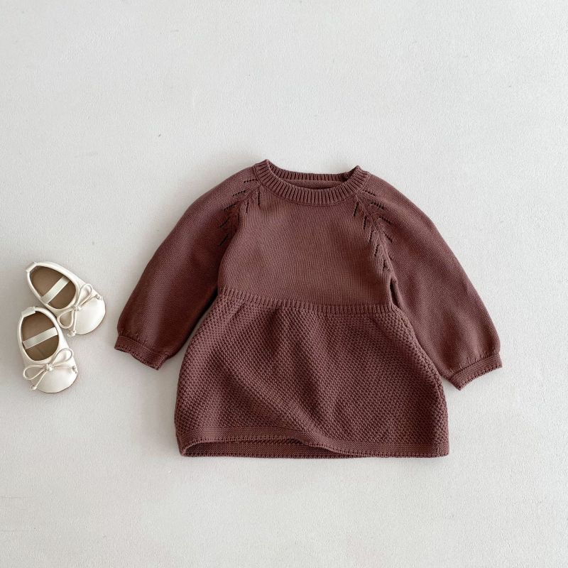 Retro style solid color long-sleeved knitted princess dress