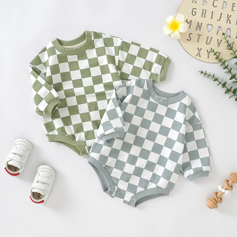 Chessboard plaid romper baby jumpsuit organic cotton baby rompers