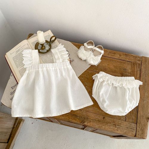 Girl lace stitching shoulder strap top + Baby bloomer 2 Pieces suit