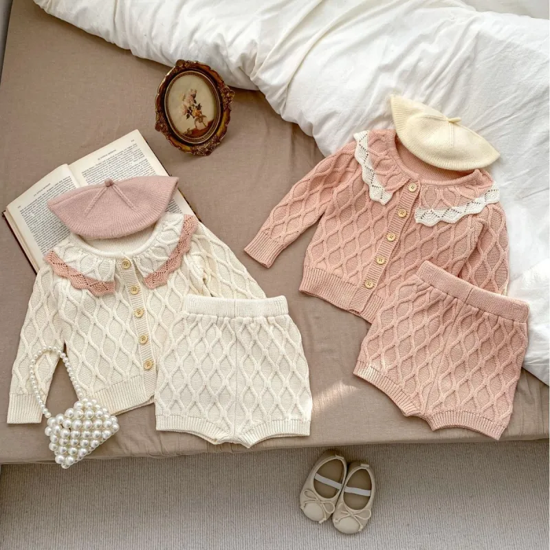 knitted Diamond cardigan coat cotton yarn shorts two-piece set