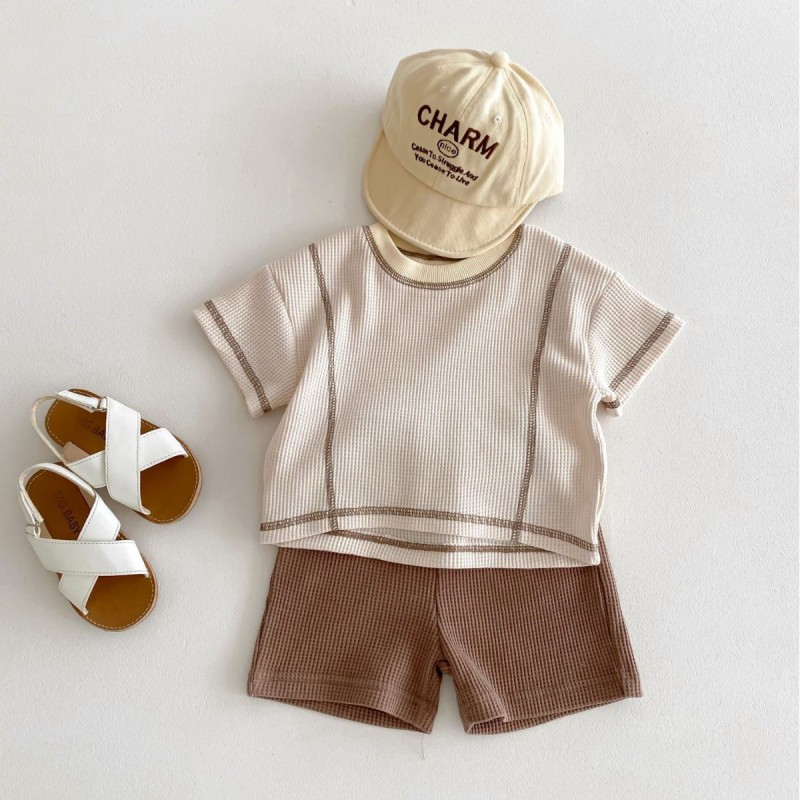 Waffle two-piece pants baby short sleeve t T-shirt outwear