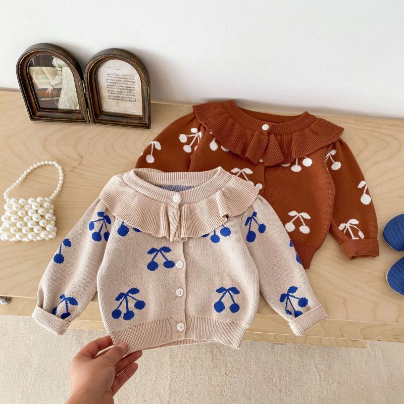 Knitted cardigan girl Cherry printing lapel coat sweater