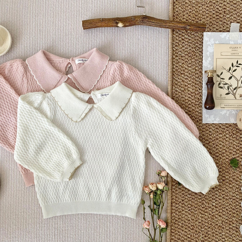 Jacquard contrast color lantern long sleeve thin sweater