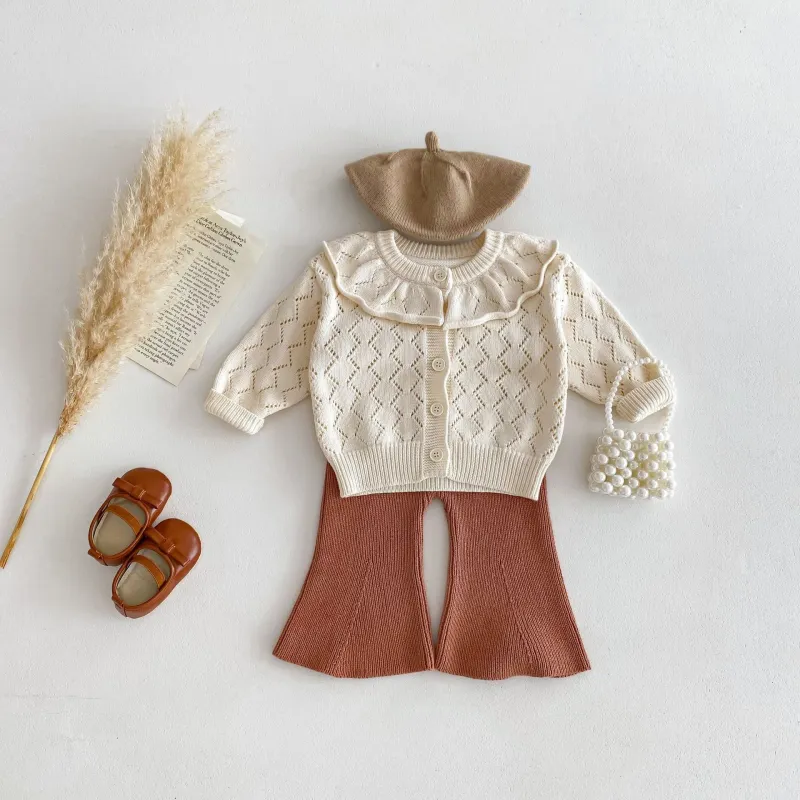 Girl's sweater hollow knitted large lotus collar