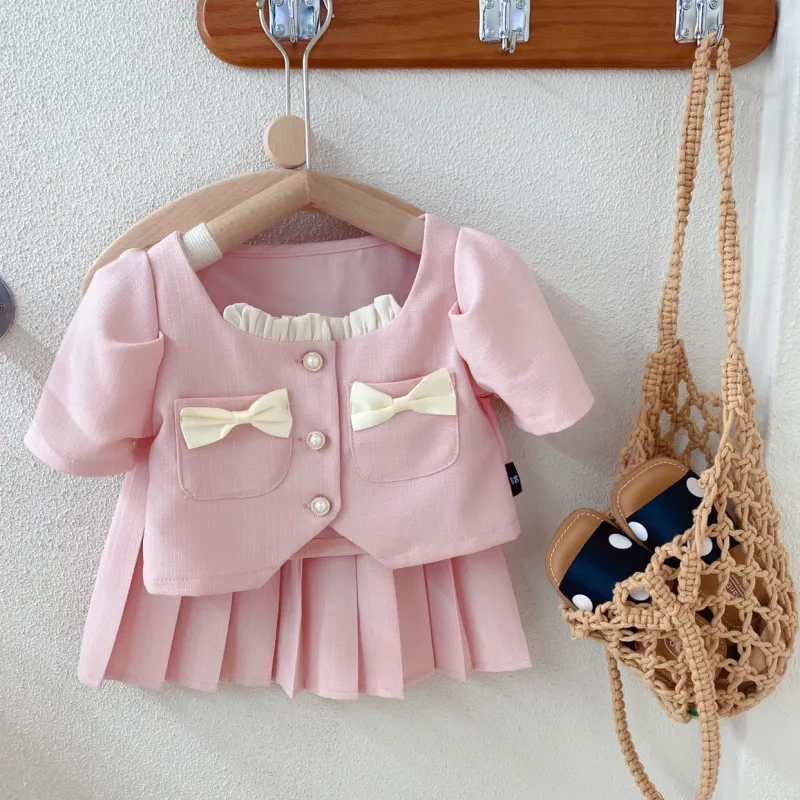 Girls princess 2pcs outfit baby girls t shirt pleated skirts suit