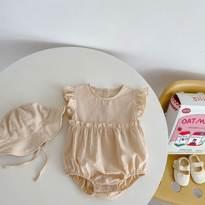 Spring summer girls babys solid pink beige cotton romper