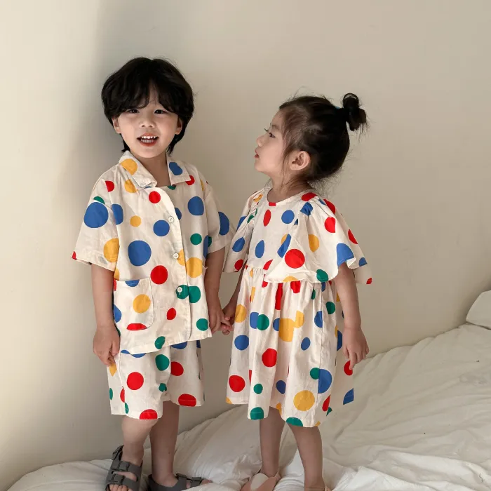 Polka dot cotton girl dress siblings costume