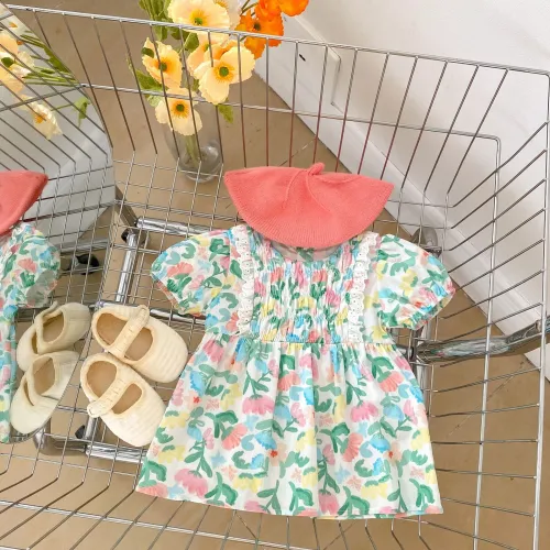 Summer baby girl floral lapel short sleeved onesie dress