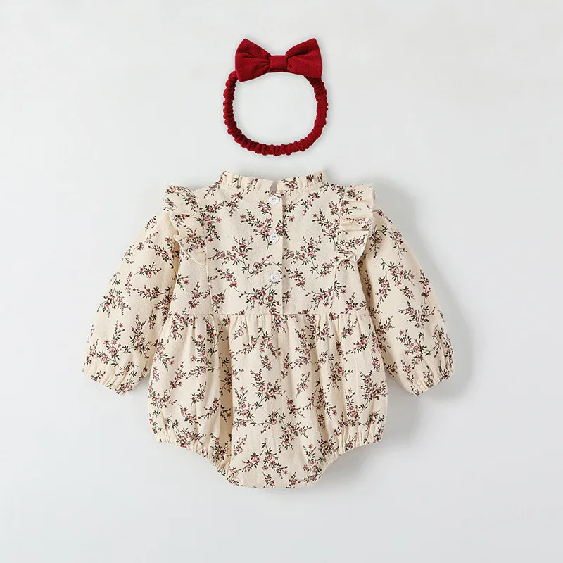 Fashion floral flounce long sleeve woven cotton newborn rompers