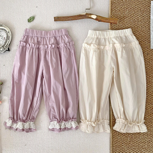 Girl Cotton baggy pants embroidery ruffled casual trousers