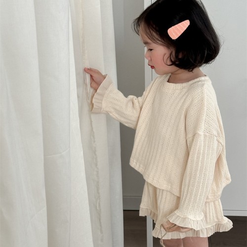 Girls' jacquard lace suit children's pure color trendy short top + Shorts