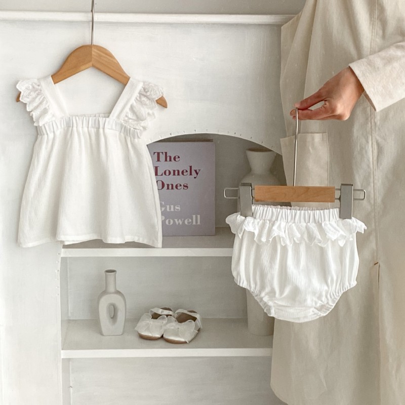 Girl lace stitching shoulder strap top + Baby bloomer 2 Pieces suit